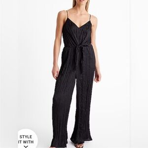 Express Black Satin Like Sleeveless V Neck Wide Leg Crinkle Jumpsuit L